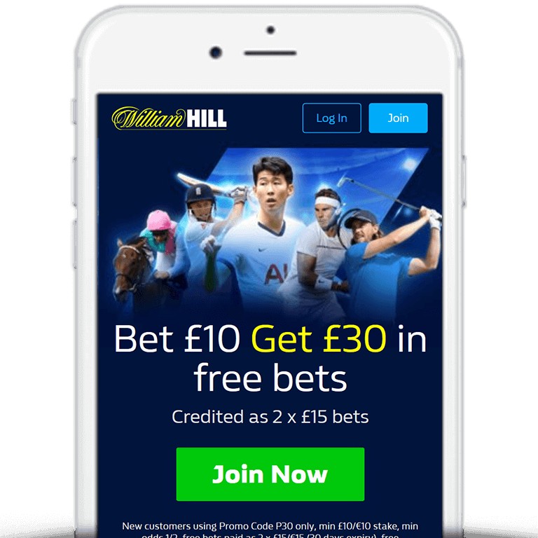 William Hill mobile banner of bet £10 get £30 offer