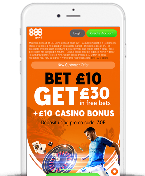 888sport Bet £10 Get £30 offer as shown on a smartphone 