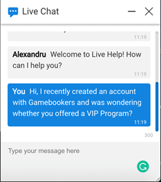 Gamebookers live chat welcome message