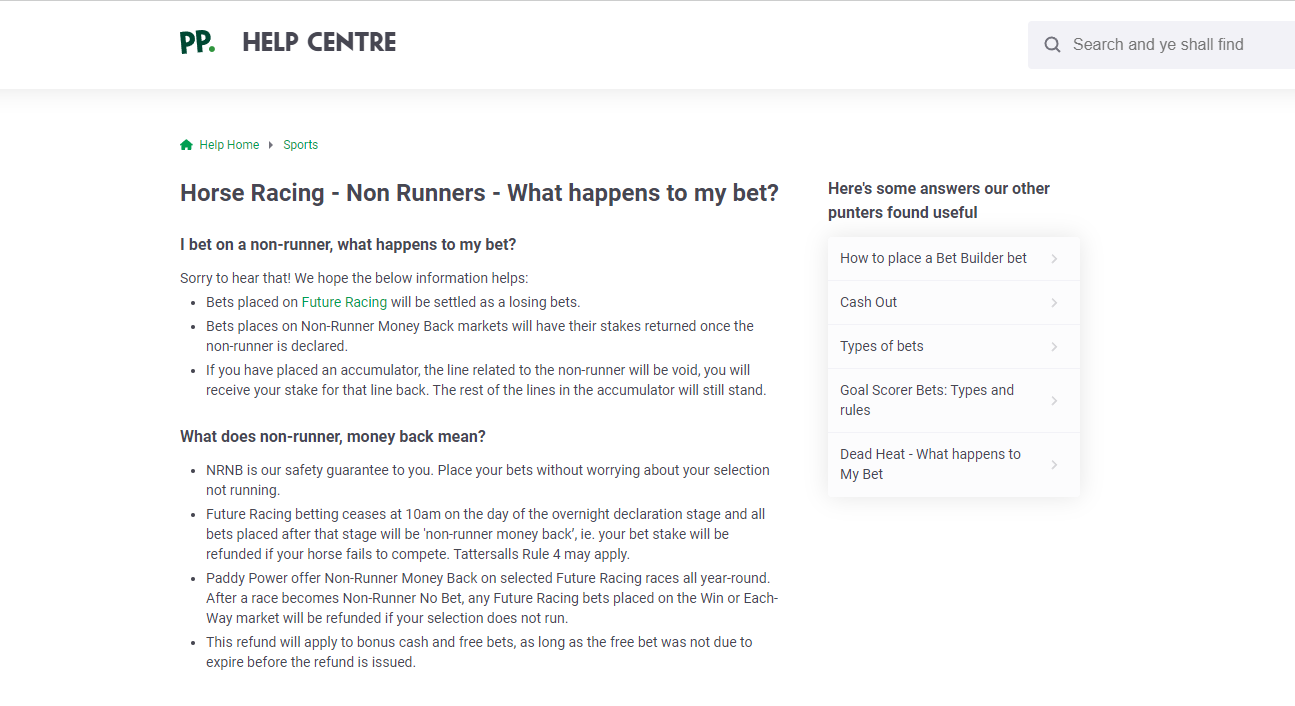 Screenshot of Paddy Power Help Centre Page on Non Runners. 