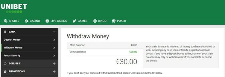 Unibet withdrawal process screenshot